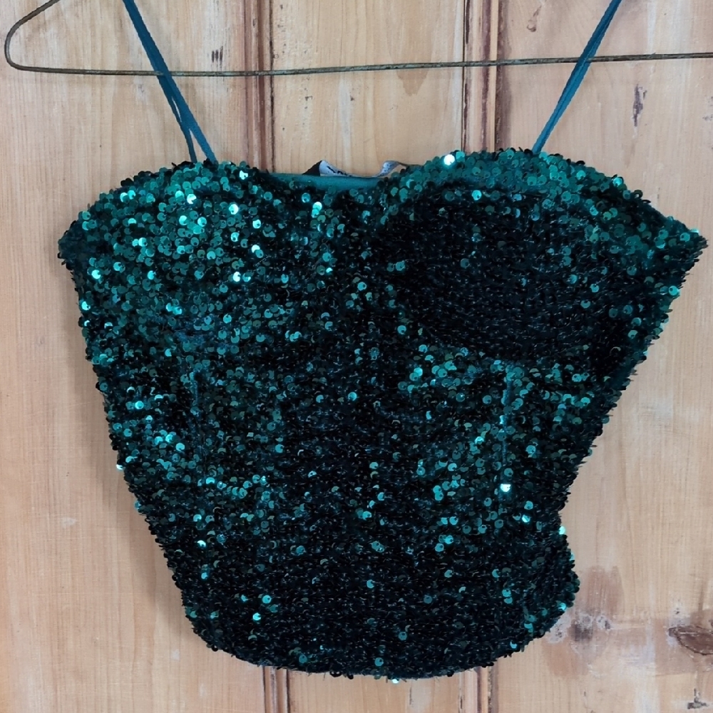 Zara Emerald Green Sequin Spaghetti Strap Crop Top